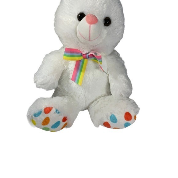 Megatoys‎ White Plush Rabbit Polka dots Rainbow Ribbon 14" Clean Soft￼ - Picture 5 of 8